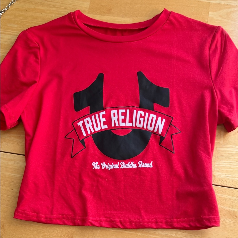 True Religion Y2K Graphic Crop Top Red Horseshoe Logo Baby Tee Women’s Medium - Picture 5 of 9